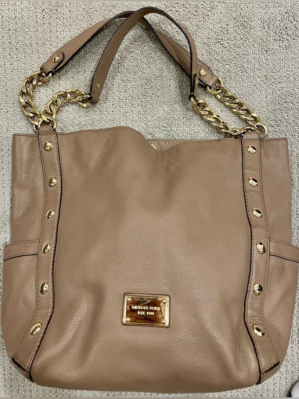 Michael Kors Delancy Large Studded Leather Tote Taupe Gold Purse